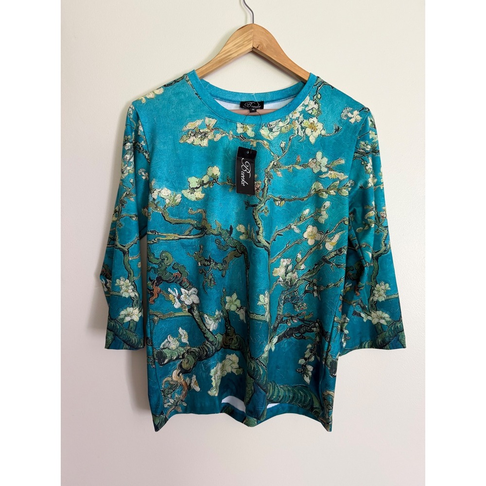 Breeke Van Gogh Almond Blossoms Teal Floral Print 3/4 Sleeve Top NWT Size M